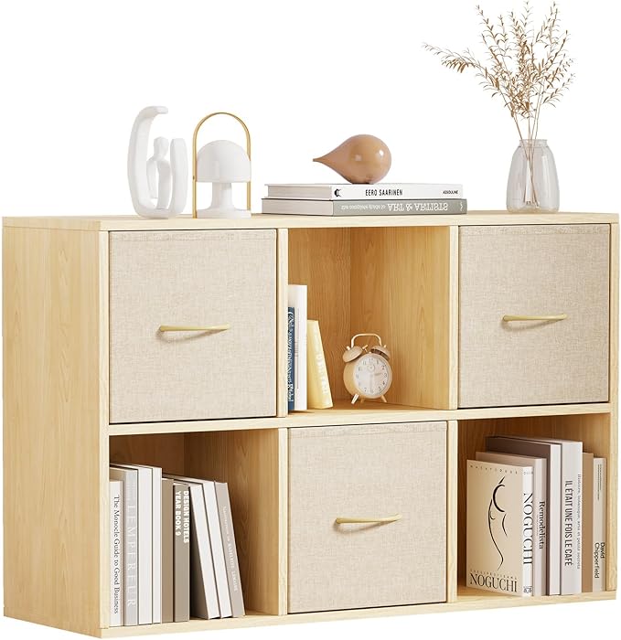 EXPERLAM 6 Cube Storage Organizer - Solid Wood Bookshelf with 3 Storage Bins, Cube Shelf with 2 Removable Back Panels, Vertical or Horizontal Bookcase, Open Book Shelf for Bedroom, Living Room, Office