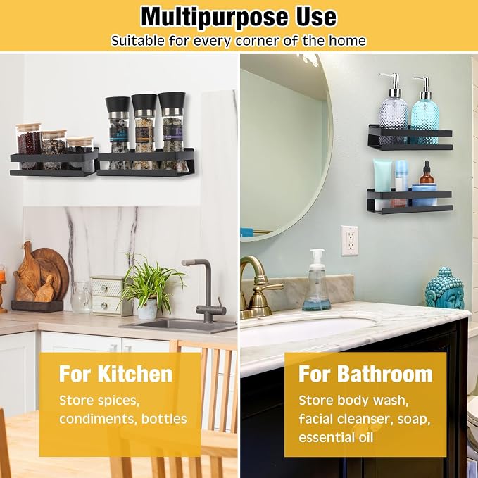 Lallisa 2 Pieces Stainless Steel Shelf Bathroom Shower Floating Shelves Wall Mounted Shower Caddy Basket Shelf Storage Organizer Shelves for Bathroom, Kitchen, Living Room(7.87 Inches/ 20 cm,Black)