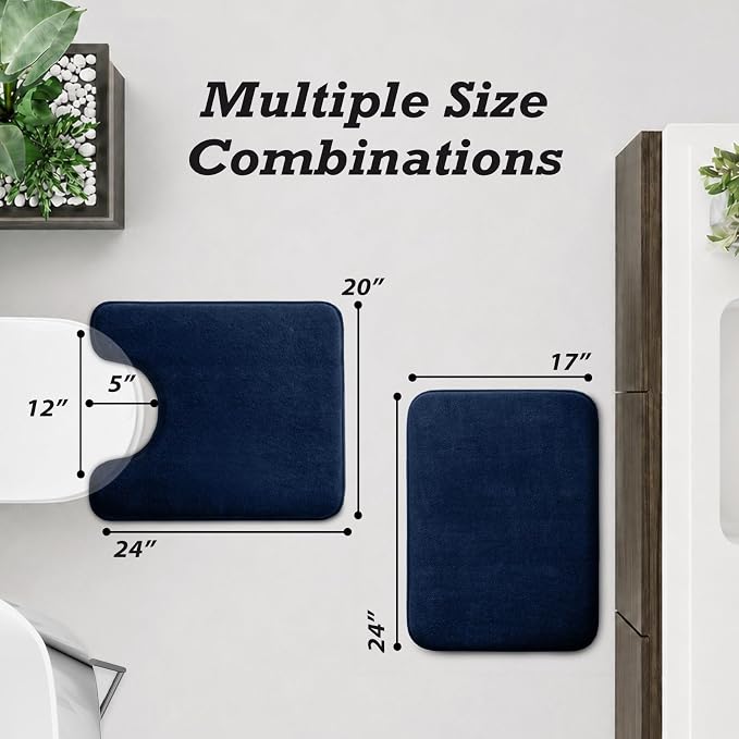 HUXMEYSON Bathroom Rugs Sets 2 Piece, Non-Slip & Quick Dry Bath Mat Set, Ultra Soft Velvet Bath Rugs for Bathroom, Toilet and Shower Floor, Navy