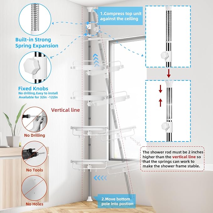 XLHOMO 32-122inch Corner Shower Caddy Tension Pole White, Rustproof Drill-Free Shower Shelves for Bathroom Bathtub Washbasin, Adjustable Shower Organizer with 4 Tier Patent Stable Shelves & Towel Bars