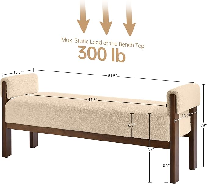 VKNOW End of Bed Bench, 51.8” Modern Upholstered Bedroom Bench Indoor Bench with Arms, Entryway Bench with Solid Wood Frame for Bedroom Living Room, Brown