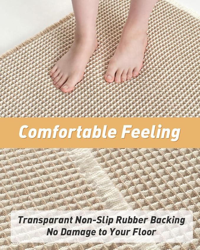 AMOAMI Upgraded Waffle Bath Mat, Super Absorbent Non Slip Bath Mats for Bathroom Floor, Machine Washable Bathroom Rugs with Tassels, Rubber Backed Bathroom Mats, Ultra Soft, 18" x 30",Brown & Cream