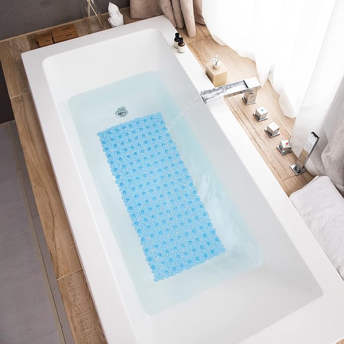 TEESHLY Bath Tub and Shower Mats, Non-Slip Pebble Bath Mat, 35 x 16 Inches Machine Washable Bathtub Mat with Drain Holes, Suction Cups for Bathroom (Clear Blue)