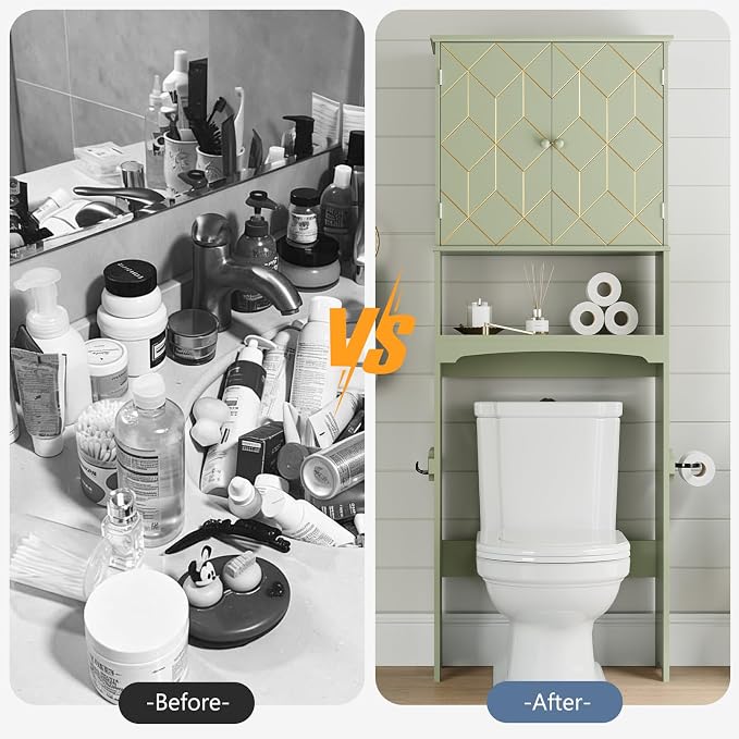 Gold Trim Over The Toilet Storage Cabinet, Double Doors Over Toilet Bathroom Organizer with Adjustable Shelves and Toilet Paper Holder, Modern Over Toilet Storage Cabinet for Bathroom (Green)