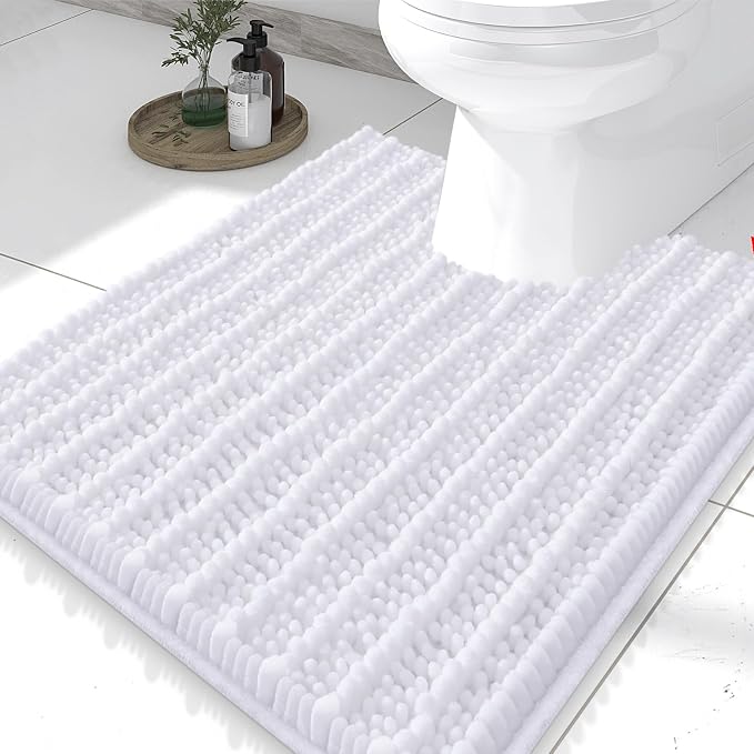Smiry Bathroom Toilet Rugs U Shaped 24x20, Extra Soft Absorbent Non Slip Rubber Backing Chenille Contour Bath Rugs for Toilet, Machine Washable Contoured Bath Mats, White