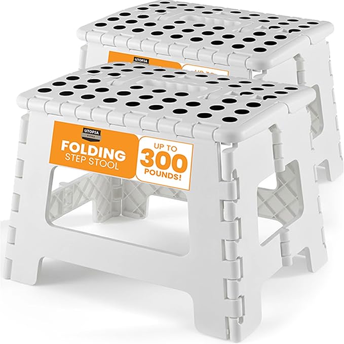 Utopia Home Folding Step Stool with Handle – 9 Inch Anti Slip Collapsible Stool – Holds Up to 300 lbs – Sturdy Plastic Step Stool Foldable for Kitchen, Bathroom and Home Use (2-Pack, White)