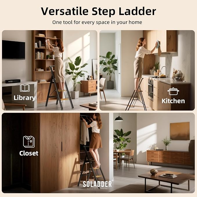 SOLADDER 3 Step Ladder with Handrails, Anti-Slip and Foldable Step Stool with Widen Pedals, Portable Stepladders for Home, Kitchen and Indoor, Space Saving -300lbs(Black+Woodgrain)
