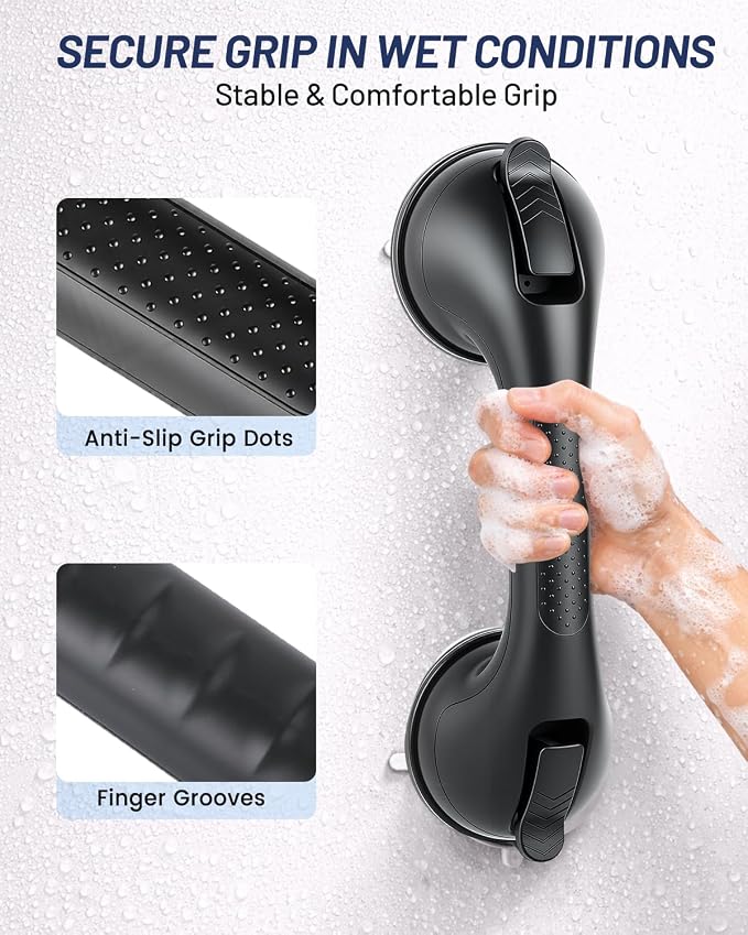 2 Pack Gel-Enhanced Shower Grab Bars for Seniors and Elderly, Heavy Duty Suction Grab Bars for Bathtubs and Showers, No Drill Removable Bathroom Handles for Toilet, Tub, and Shower Support