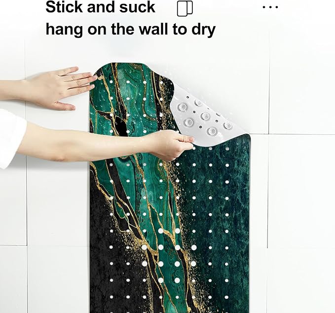 LNOND Marble Bath Tub Mat Non Slip, Extra Long 40 X 16 Inch Anti Slip Mat for Bathtub, Green Gold Marble Shower Mat with Drain Holes and Suction Cups, Machine Washable