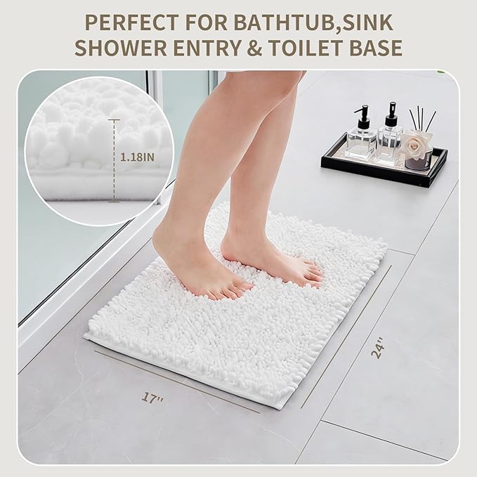 Bathroom Rugs Non Slip Washable, Extra Thick Soft Chenille Absorbent Bath Mat, High Density Barrier Non Slip Backing, Quick Dry Plush Shaggy Floor Carpet for Tub&Shower 24x17, White