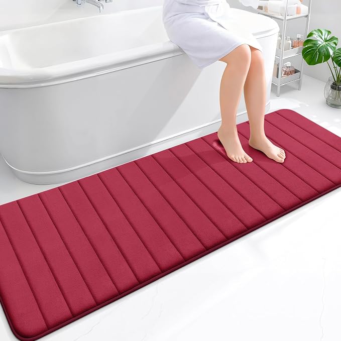 OLANLY Memory Foam Long Bathroom Rugs Runner 70x24, Super Soft Absorbent Bath Mat, Quick Dry, Machine Washable Shower Floor Rugs, Bathmat Carpet, Bathroom Home Decor Accessories, Burgundy