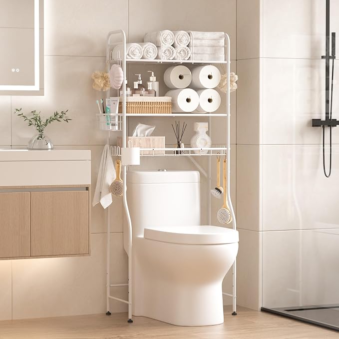 TETOTE Over The Toilet Storage Rack, 3-Tier Bathroom Organizer Shelf Over Toilet with Toilet Paper Roll Holder, Freestanding Metal Rack, White