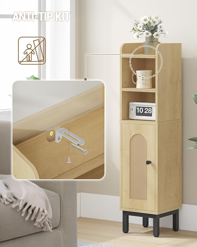 Hzuaneri Bathroom Storage Cabinet, Small Corner Floor Cabinet with Door and Shelves, Narrow Toilet Paper Holder, Bathroom Organizer with Adjustable Shelf, for Small Spaces, Rattan Yellow BC08202Y
