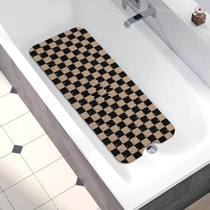 Bathtub Mat Non Slip, Checkered Extra Long Bath tub Mat Shower Floor Mat with Suction Cups and Drain Holes for Adults Kids Elderly 40 X 16 Inch