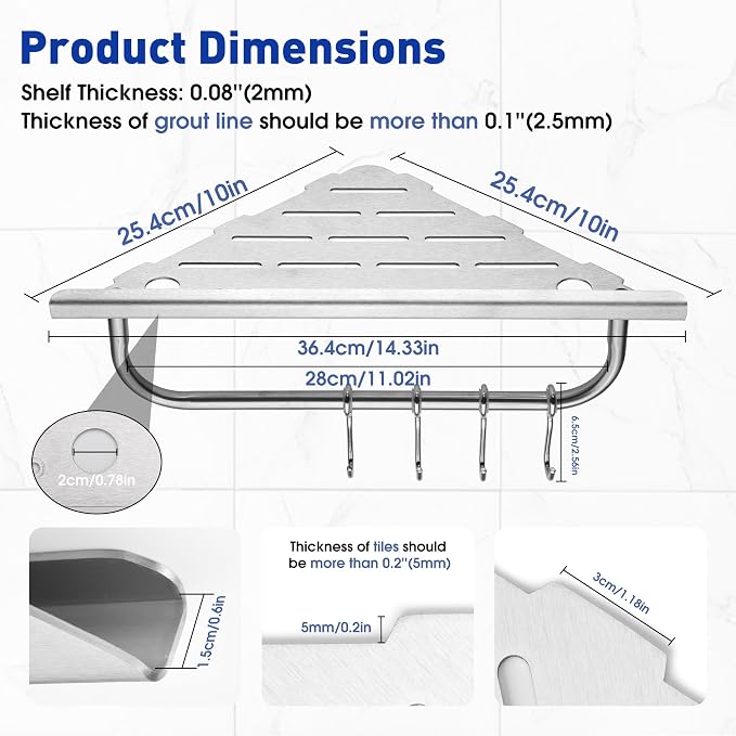 Shower Corner Shelf, 10'' Corner Shower Shelf with Towel Bar & Hooks, 2-Pack 304 Stainless Steel Recessed Bathroom Shelves, No Drilling for Tiled Wall (Brushed Nickel)