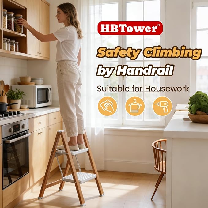HBTower Step Ladder, Aluminum Foldable Step Stool with Anti-Slip Wide Pedal, Lightweight Step Ladder for Home Kitchen Office - WhiteWoodgrain