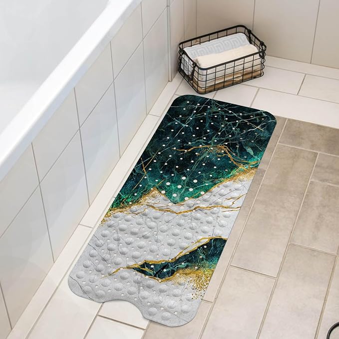 LNOND Marble Bath Tub Mat Non Slip, Extra Long 40 X 16 Inch Anti Slip Mat for Bathtub, Green and Gold Marble Shower Mat with Drain Holes and Suction Cups, Machine Washable