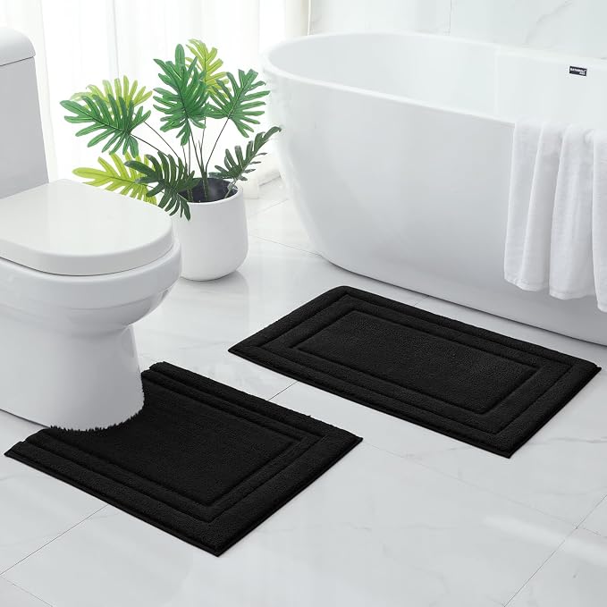 HOMEIDEAS Bathroom Rugs Sets 2 Piece, Super Soft and Absorbent Non Slip Microfiber U-Shaped Toilet Bath Mat Set (20"x32"+U20 x24, Black)