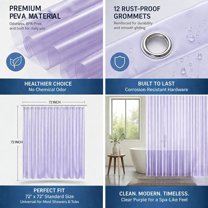 EHZNZIE Purple Shower Curtain Liner 72x72, PEVA Waterproof Bath Curtain, No Chemical Smell, 3 Weighted Magnets, Durable with Rustproof Metal Grommets