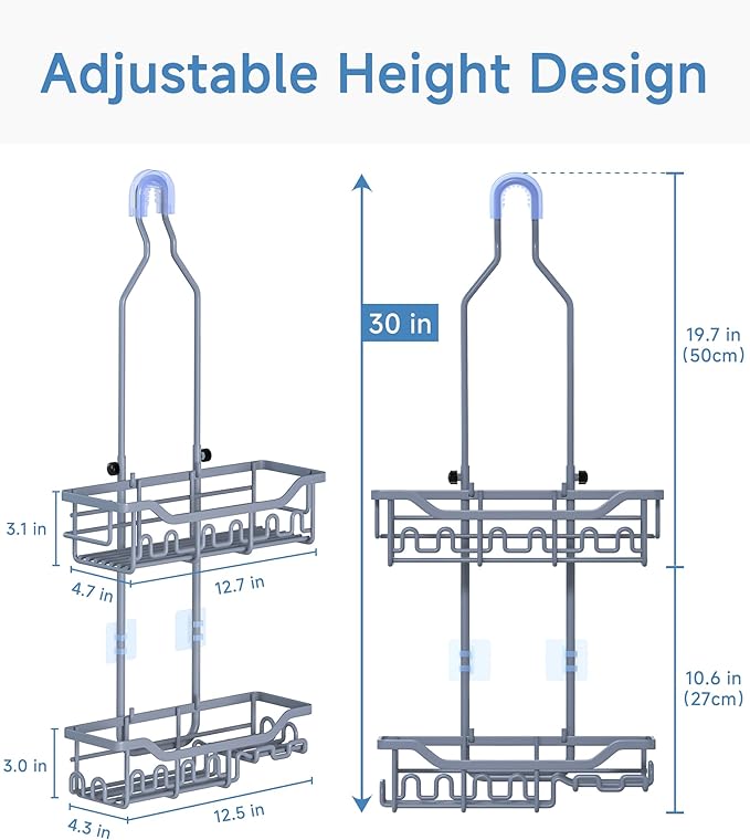 Upgraded Extended Length Shower Caddy Over Showerhead No Blocking to Showerhead, Rustproof Bathroom Organizers and Storage with Hooks Shampoo Soap Holder, Large Hanging Caddy, Grey