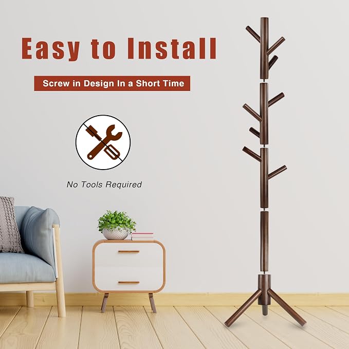 Coat Rack, Coat Racks Freestanding with 8 Hooks 3 Adjustable Heights for Clothes, Hats, Handbags, Coat Tree Easy Assembly for Entryway, Bedroom, Hallway, Office(Brown)
