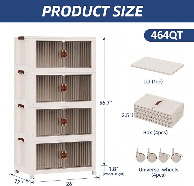 SAILUN 116Gal/464Qt Stackable Storage Bins Folding Collapsible Storage Bins with a Lid, Closet Organizers and Storage,Blush White 26" W x 17" D x 56.7" H