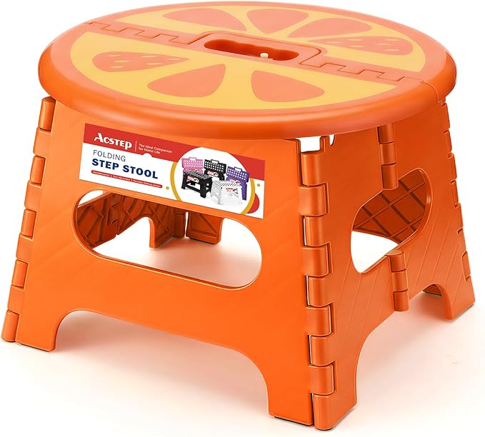 ACSTEP Folding Step Stool 9 Inch, Sturdy Collapsible Step Stool Foldable Up to 265 lbs for Kids Toddlers & Adults, Non Slip Foot Stools with Handle for Kitchen, Bathroom, Bedroom, Outdoor, Orange
