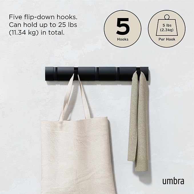 Umbra Flip Wall-Mounted Coat Rack with 5 Hooks – Modern, Space-Saving Storage for Hats, Jackets, Bags, Entryway, Mudroom, Closet, Bathroom, Bedroom – Black