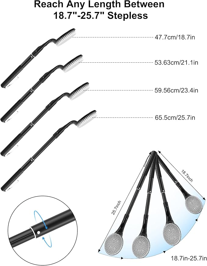 Back Scrubber for Shower, 17.52" - 25.7” Telescopic Back Washer for Shower with Anti-Slip Long Handle, Soft Nylon Bristles, Detachable Back Brush for Shower for Men Women Elderly