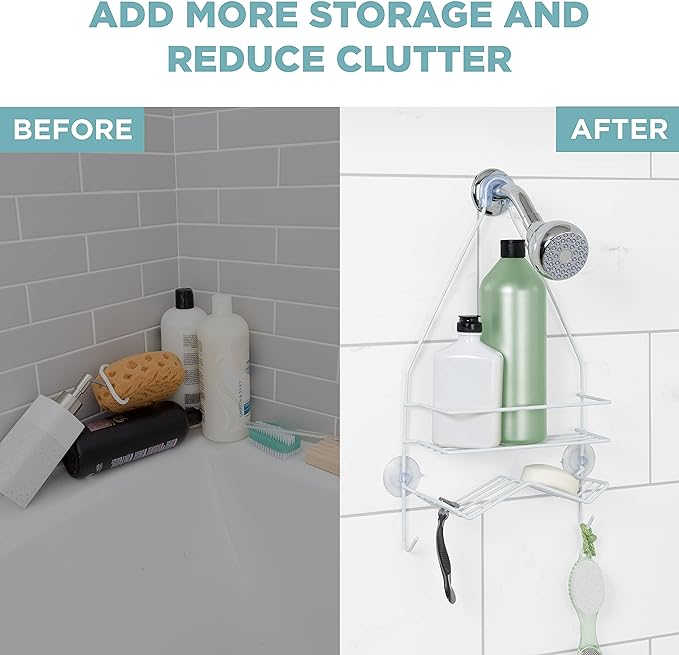 Zenna Home Rust Resistant Hanging Shower Caddy, Over the Shower Head Caddy with 1 Wide Shelf and Built In Soap Dish, Steel Bathroom Hanging Organizer, White
