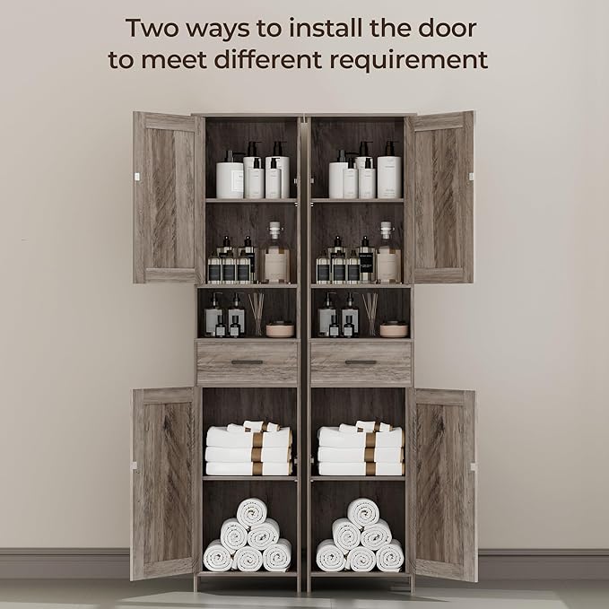 Homhedy 67" H Tall Bathroom Storage Cabinet with 2 Barn Doors and 1 Drawer, Narrow Storage Unit, Adjustable Shelves, Floor Cabinet for Bathroom, Living Room, Entryway, Kitchen, Greige, (15.7" W)