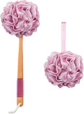 AmazerBath Shower Sponge Loofah Back Scrubber, PE Soft Mesh Loofah Body Scrubber with Long Wooden Handle, Bath Sponge for Men Women (Pink)