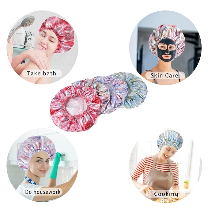 4 PCS Shower Caps for Women, 3D Printing Bath Caps, Double Layers Shower Cap Reusable Waterproof, Bathing Shower Caps, Environmental Protection Hair Bath Hat - Flower