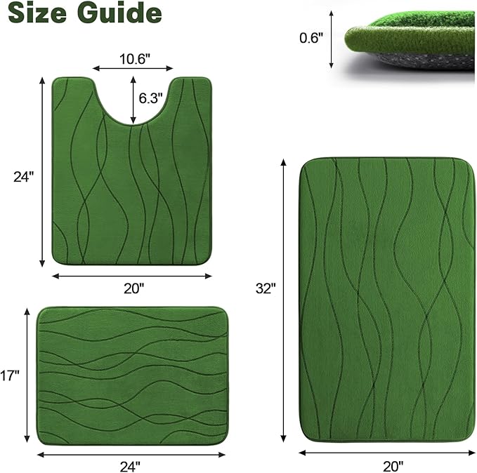 YIHOUSE Memory Foam Bathroom Rug Sets, Glass Green, 3 Pieces | Ultra Soft, Absorbent, Non-Slip, Machine Washable