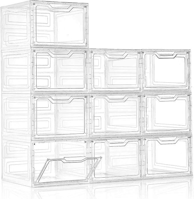 Freebat 10 Pack Closet Organizers and Storage,Clear Stackable Plastic Storage Bins with Lids Magnetic Doors,Clothes Organizers and Storage,Plastic Craft Containers for Wardrobe Kitchen Bathroom Office