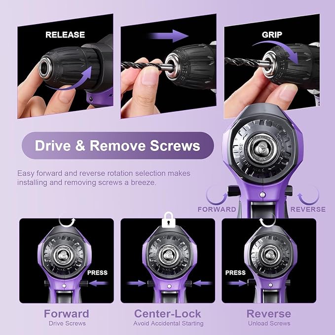 8V Cordless Drill, Purple Power Drill with Drill & Screw Bits Set, 3/8" Keyless Chuck, Rechargeable Electric Drill Tool Kit for Home Repairs, DIY,139PCS Tool Set for Women & Men