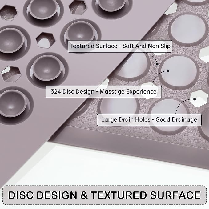 Non-Slip Bathtub and Shower Mats, Power Grip Bath Mat 35 x 16.3 Inch with Suction Cups and Drain Holes for Tub Bathroom Floor Safety, Machine Washable Soft Bathmat, Tan