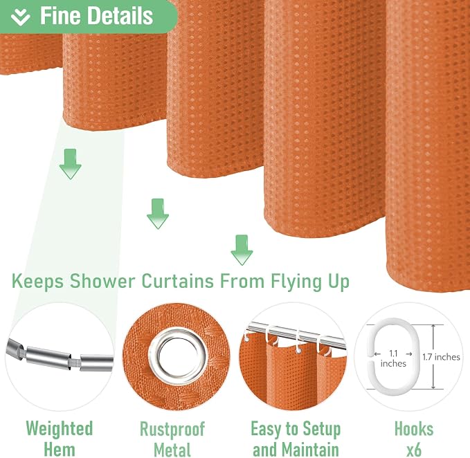 Dynamene Stall Fabric Shower Curtain - 36x72 Waffle Weave Weighted Cloth Shower Curtains for Bathroom, Neutral Heavy Duty Hotel Spa Luxury Bath Curtain Set with 6 Plastic Hooks, Burnt Orange