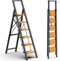 6 Step Ladder for 12 Feet High Ceiling, Lightweight Aluminum Folding Step Stool with Convenient Handgrip, Stepladders with Anti-Slip and Wide Pedal for Home Use Space Saving - Black+Woodgrain