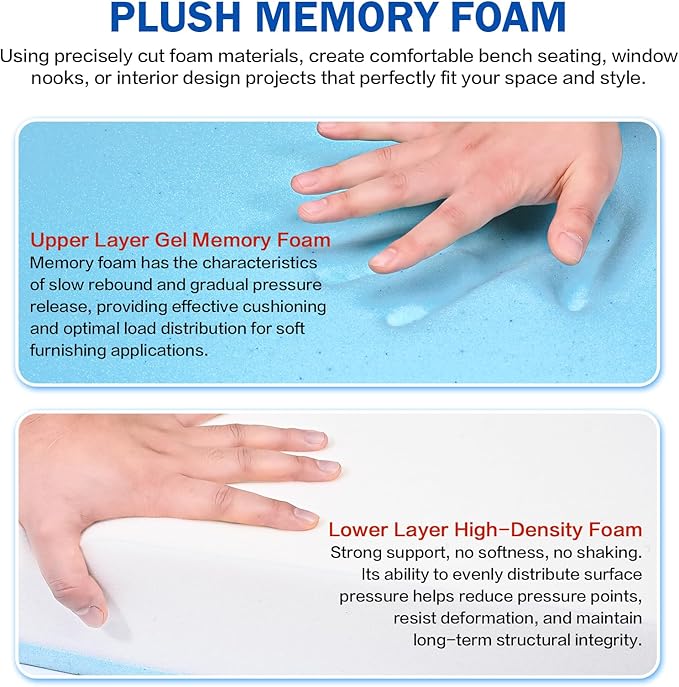 High Density Upholstery Foam Cushion - 3" Thick x 24" x 72", Gel Memory Foam Support Padding for Seat Cushion Replacement, DIY Projects, Sofa Mattress Support
