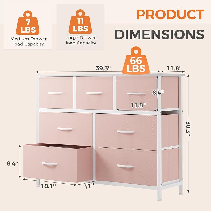 Sweetcrispy 7 Drawer Dresser with Fabric Bins, Fabric Storage Tower Organizer for Bedroom, Closet, Hallway, Entryway, Tall Chest of Drawers with Steel Frame, Wood Top, Large Storage, Pink