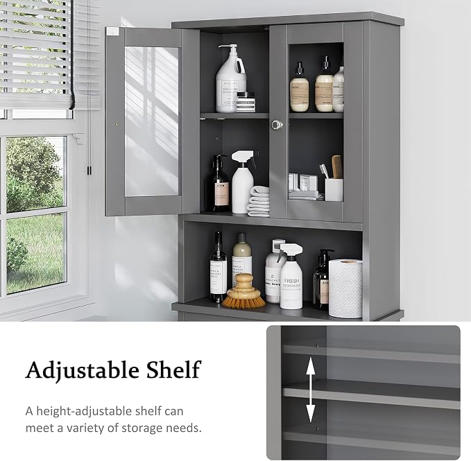 Over the Toilet Storage Cabinet, Bathroom Storage Cabinet Over Toilet, Space Saver with 2 Tempered Glass Doors, Grey