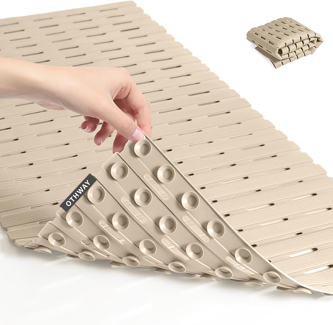 OTHWAY Non Slip Shower Mat, 36.6" x 16.9" Non Slip Shower Mats for Inside Shower, Shower Anti Slip Mat with Suction Cups, Easy to Cut Shower Floor Mat, Machine Washable Bathtub Mats, Light Brown