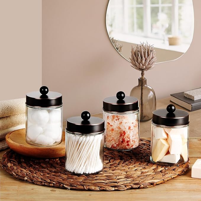 Amolliar 4Pc Apothecary Jars Bathroom Vanity Storage Organizer-Countertop Canister & Stainless Steel Lids &Cute Stickers -Qtip Dispenser Holder for Qtips,Cotton Swabs,Makeup Sponge(Oil Rubbed Bronze)