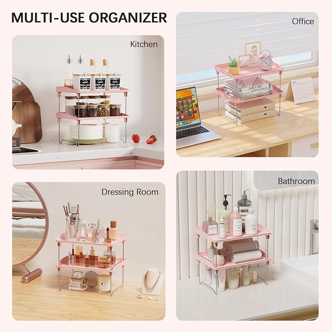 STARLATTA 2 Pcs Cabinet Organizer Shelf，Stackable Kitchen Counter Shelves, Spice Rack,Countertop Organizers，Pink Plastic Storage Shelves Rack for Makeup，Bathroom, Cupboard，Desk，Pantry Organization