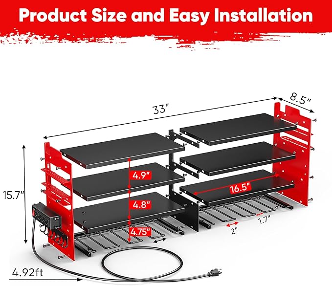 POKIPO Large Power Tool Organizer Wall Mount with Charging Station,4 Layer Heavy Duty Metal Tool Storage Shelf Loads 600lbs,Battery Utility Rack With 4 Outlet Power Strip with 8 Cordless Drill Holder