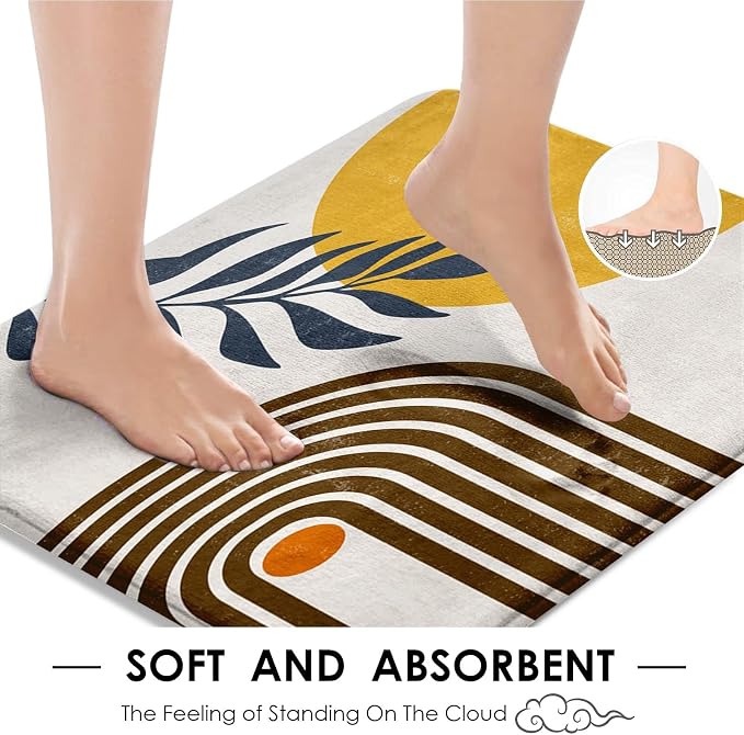 Boho Mid Century Shower Curtain Set with Toilet Lid Cover and Non-Slip Rugs, Modern Abstract 4 Pcs Yellow Sun Minimalist Shower Curtain for Bathroom Set with 12 Hooks
