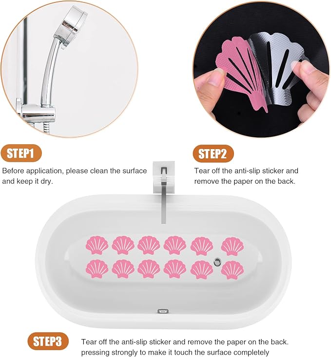 Secopad Non-Slip Bathtub Stickers, 24 PCS Shell Safety Bathroom Tubs Showers Treads Adhesive Decals Scraper (Pink)