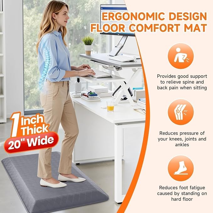 StepRite 1” Thick Kitchen Mats for Floor, Anti Fatigue Kitchen Rugs, Non-Slip,Heavy Duty Water Resistant Kitchen Rug, Standing Desk Mat for Friends, Family, Home, Kitchen, Office (32" x 20", Grey)