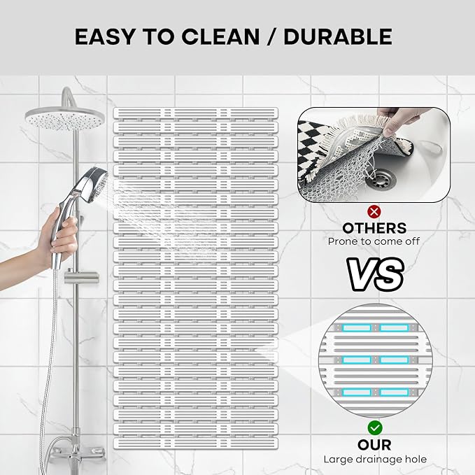XIYUNTE Shower Mat Non Slip Bath Mat for Tub - 36 x 16 Inch Bathtub Mat Non Slip Shower Mat for Inside Shower, TPE Bath Mat with Powerful Suction Cup, Easy to Cut Bath Tub Mat, Grey